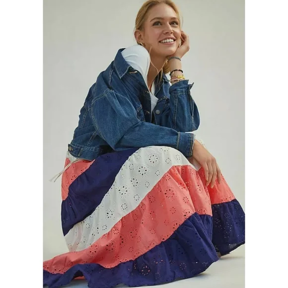 Anthropologie Fantine Maxi Colorblock Cotton Pullon Skirt size XL
